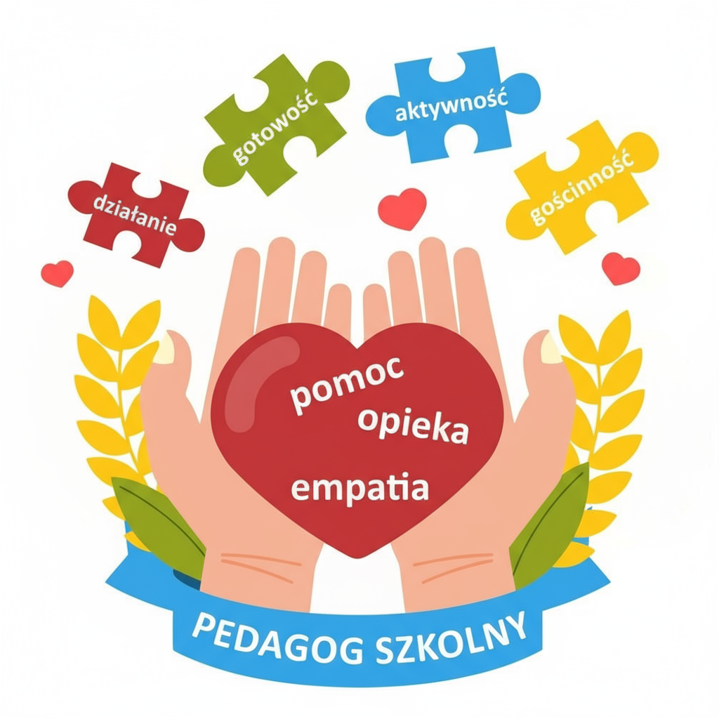 Grafika przedstawia symboliczne przedstawienie roli pedagoga szkolnego. W centrum znajdują się otwarte dłonie, które trzymają duże czerwone serce. Na sercu widnieje biały tekst ułożony w trzech linijkach: "pomoc", "opieka", "empatia". Wokół motywu przewodniego są cztery kolorowe elementy puzzle, każdy z białym tekstem: •Czerwony element po lewej stronie z napisem „działanie” •Zielony element w części z napisem „gotowość” •Niebieski element w prawej części z napisem „aktywność” •Żółty element po prawej stronie z napisem "gościnność"
