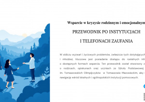 Strona tytułowa przewodnika z ilustracją dzieci i młodzieży na tle natury oraz wstępem dotyczącym ważności posiadania dostępu do informacji o formach wsparcia.