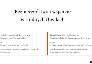 — Informacje o pomocy specjalistycznej dla rodzin, zawierające dane Tomaszowskiego Centrum Zdrowia – Poradni Psychologicznej oraz centrum Psychomedico dla dzieci i młodzieży.