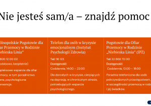 — Informacje o anonimowym wsparciu, w tym telefony zaufania dla dzieci, młodzieży, rodziców i nauczycieli z godzinami dostępności i celami wsparcia.